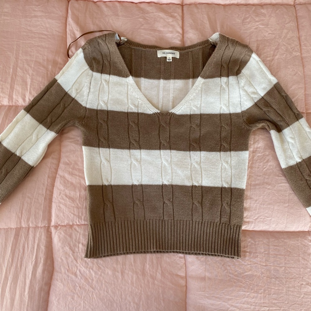 Striped V-Neck Sweater - Brown and Cream